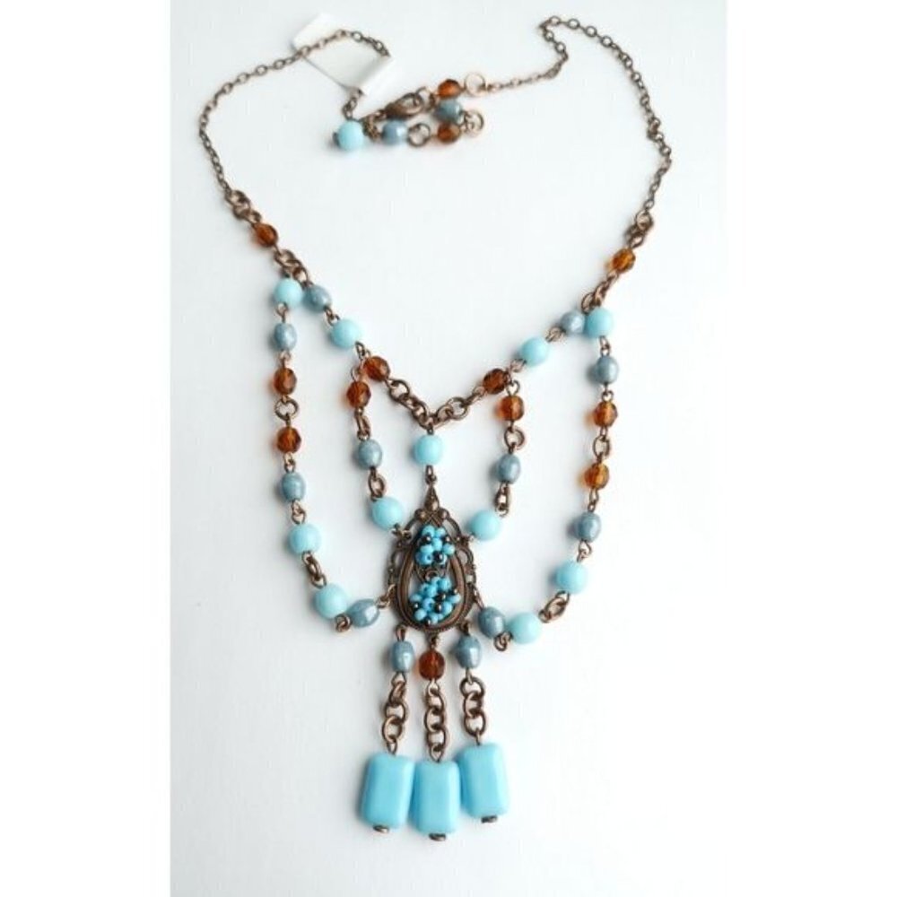VINTAGE Czech handmade beaded  turquoise amber necklace earring set - Picture 6 of 8